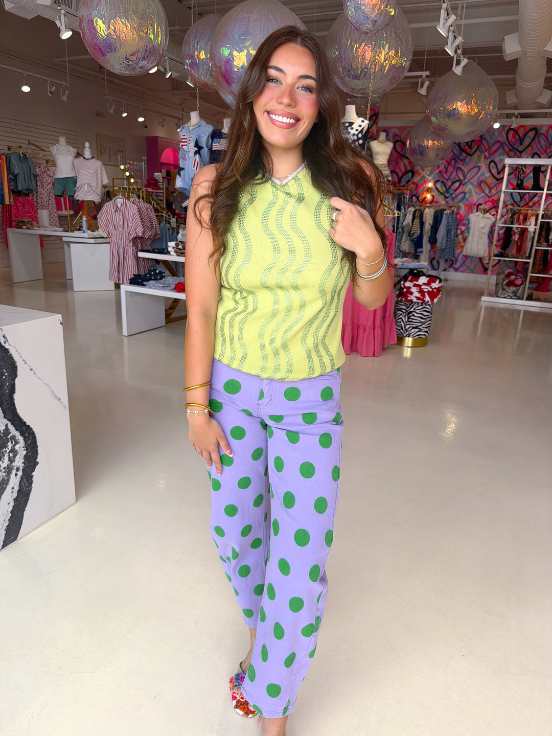 Qos Lime Green Wave Rhinestone Tank Top