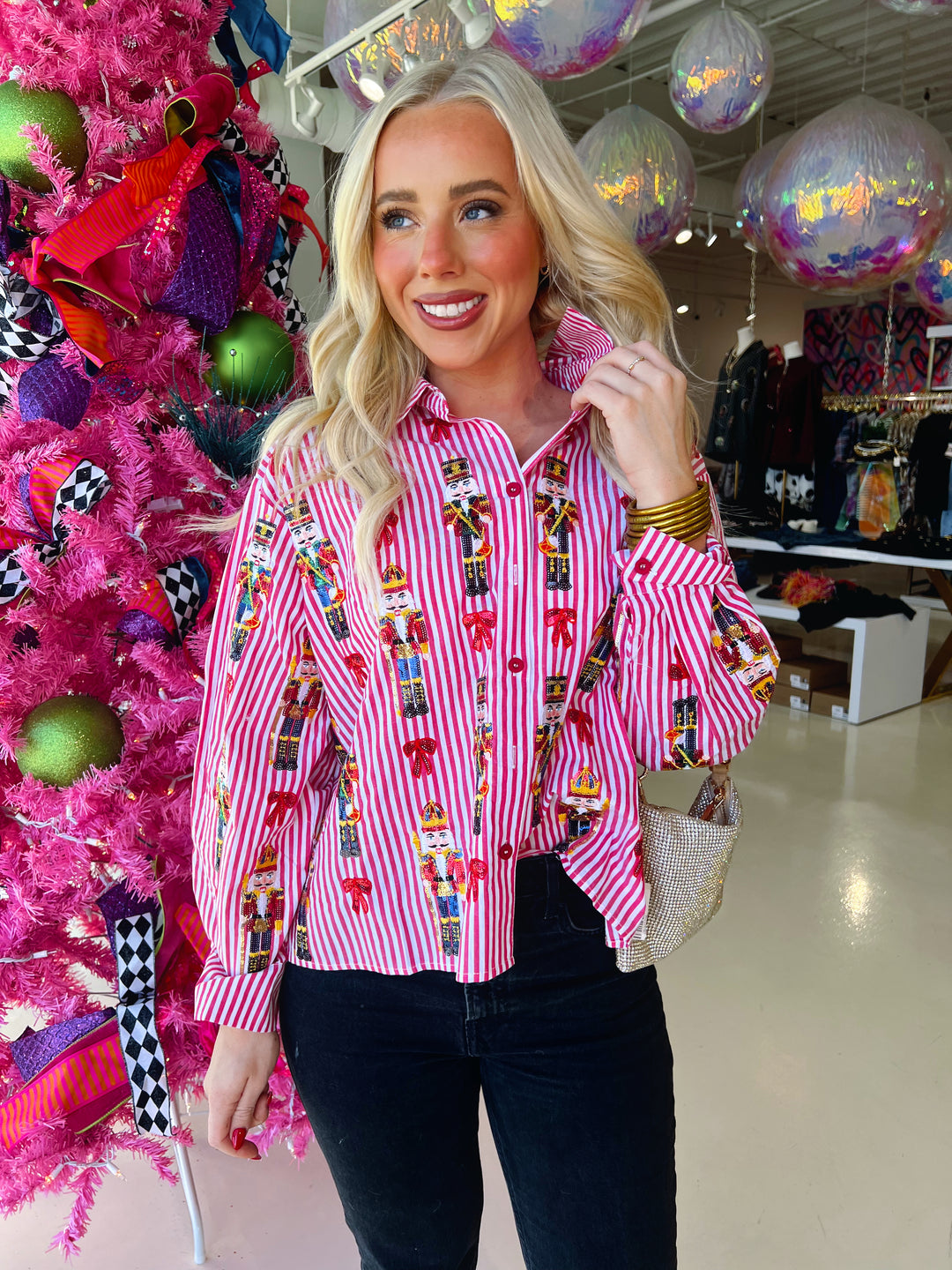 QOS Pink & Red Stripe Christmas Icon Collar Blouse