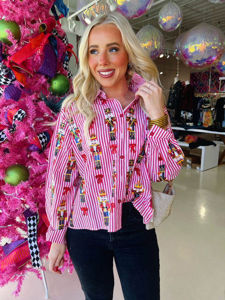 QOS Pink & Red Stripe Christmas Icon Collar Blouse