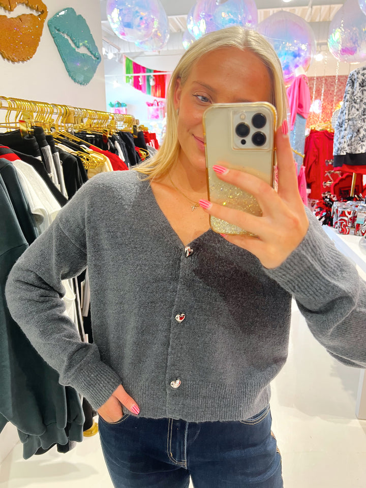 Girly Grey Silver Heart Button Sweater