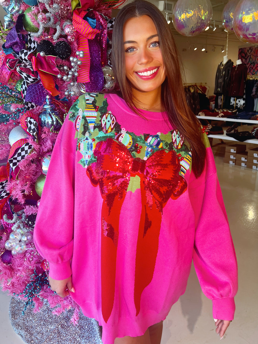 QOS Bright Pink Multi Wreath Around Neck Sweater Dress