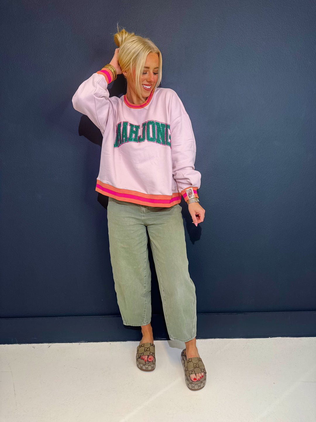 QOS Pink,Orange,& Green Rhinestone Mahjong Sweatshirt
