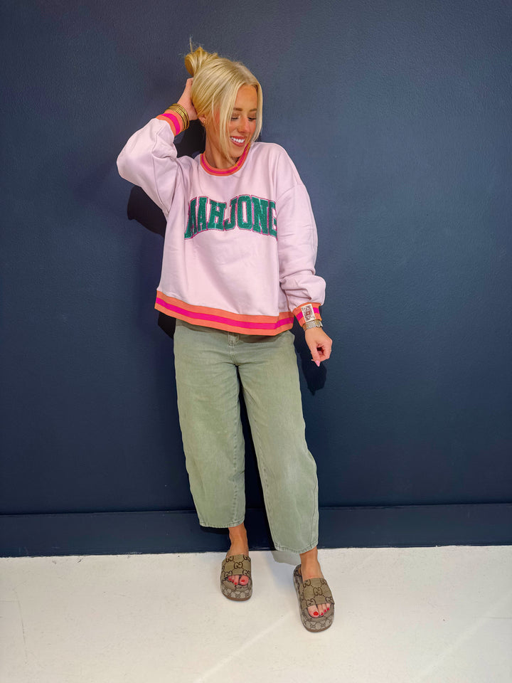 QOS Pink,Orange,& Green Rhinestone Mahjong Sweatshirt