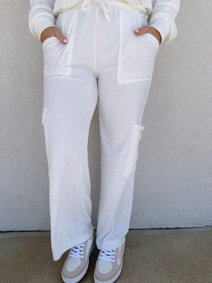 White Cord Terry Cargo Pants