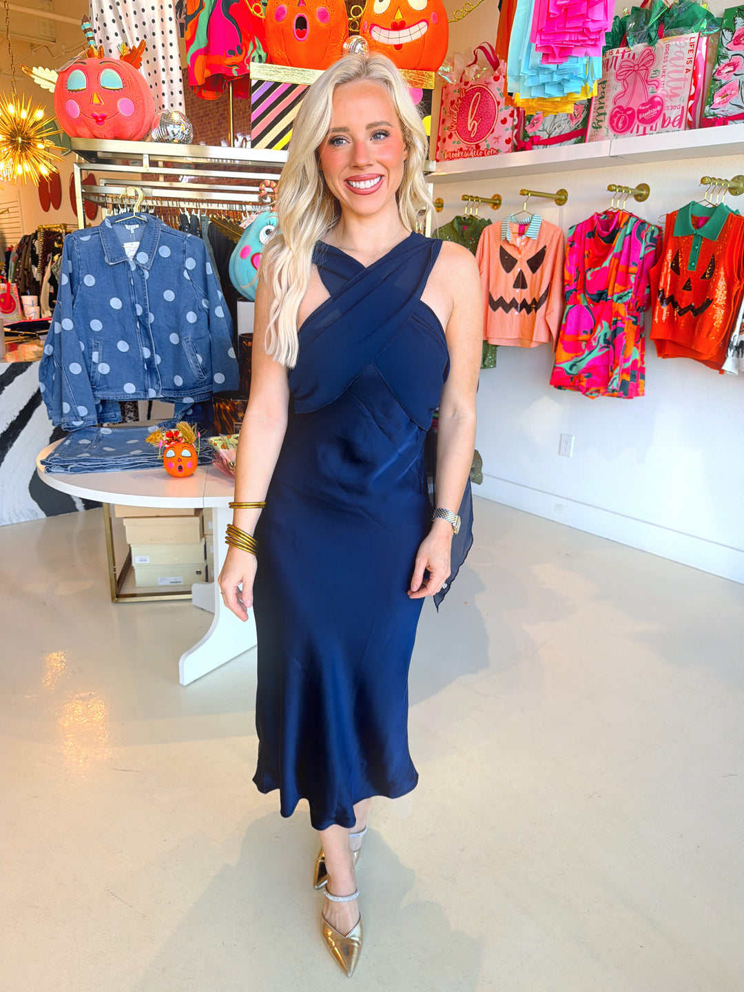 Navy Strapless Scarf Dress