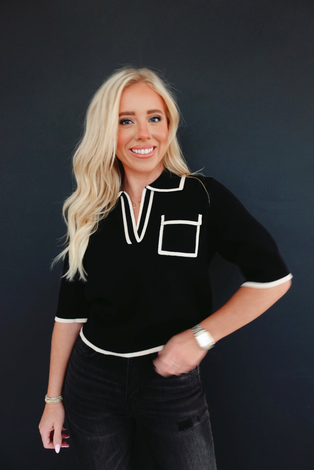 Black and Cream Collared Pocket Top