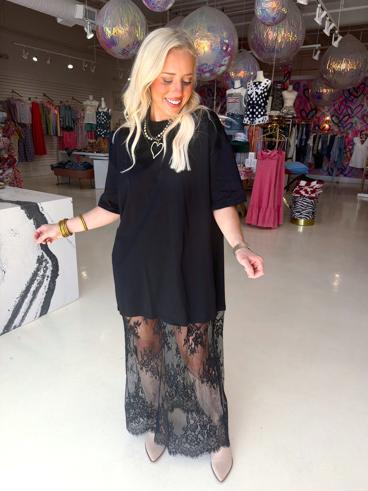Mixed Media T-shirt Dress with Sheer Lace Skirt
