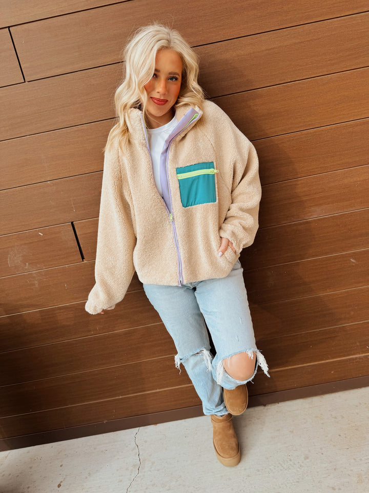 Ivory Colorblock Retro Fleece Jacket