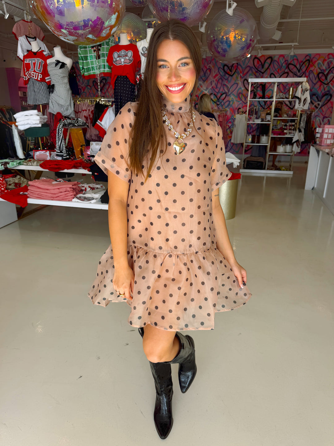 Light Brown & Black Polkadot Sheer Dress