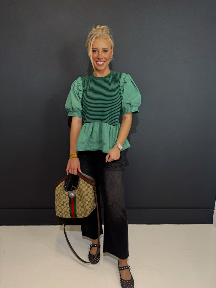 Hello Fall Green Puff Top