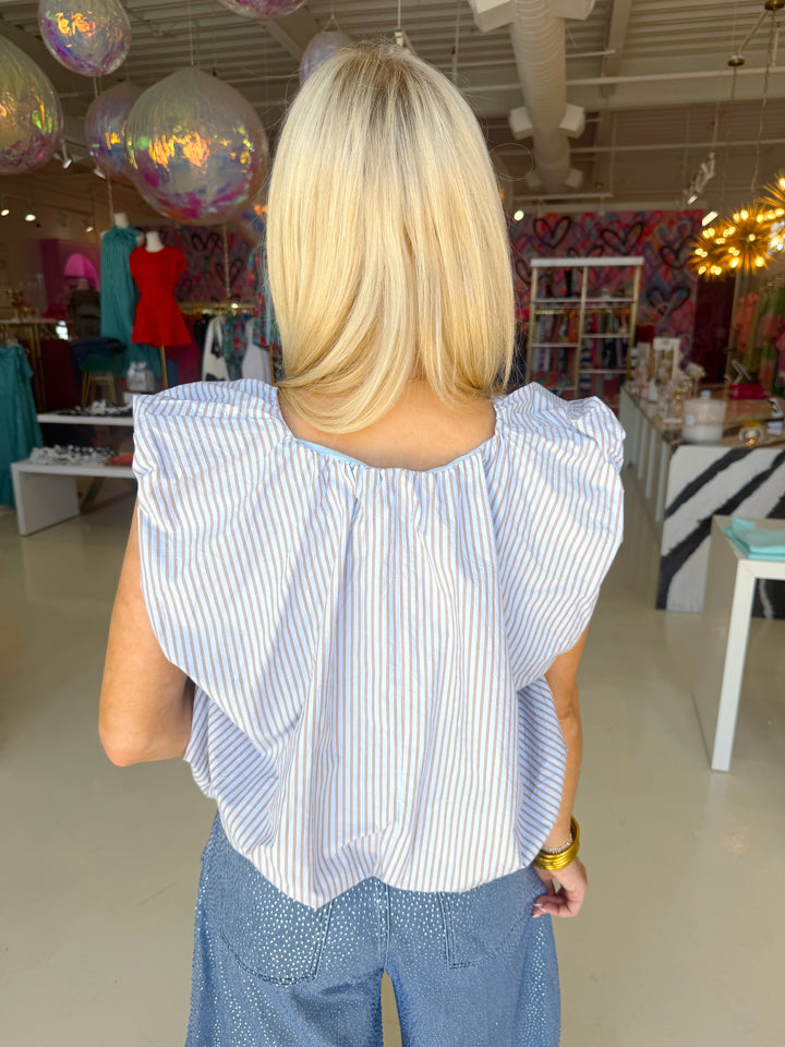 Blue & Brown Striped Poplin Bubble Top