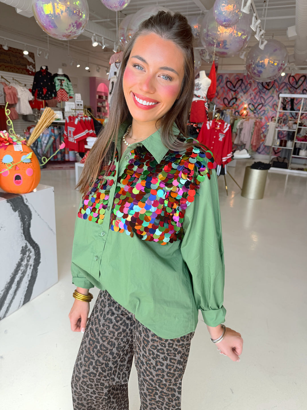 QOS Dark Green Multi Sequin Button Up Top