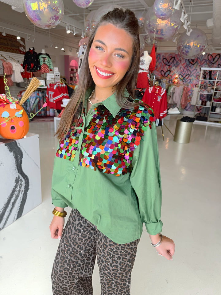 QOS Dark Green Multi Sequin Button Up Top