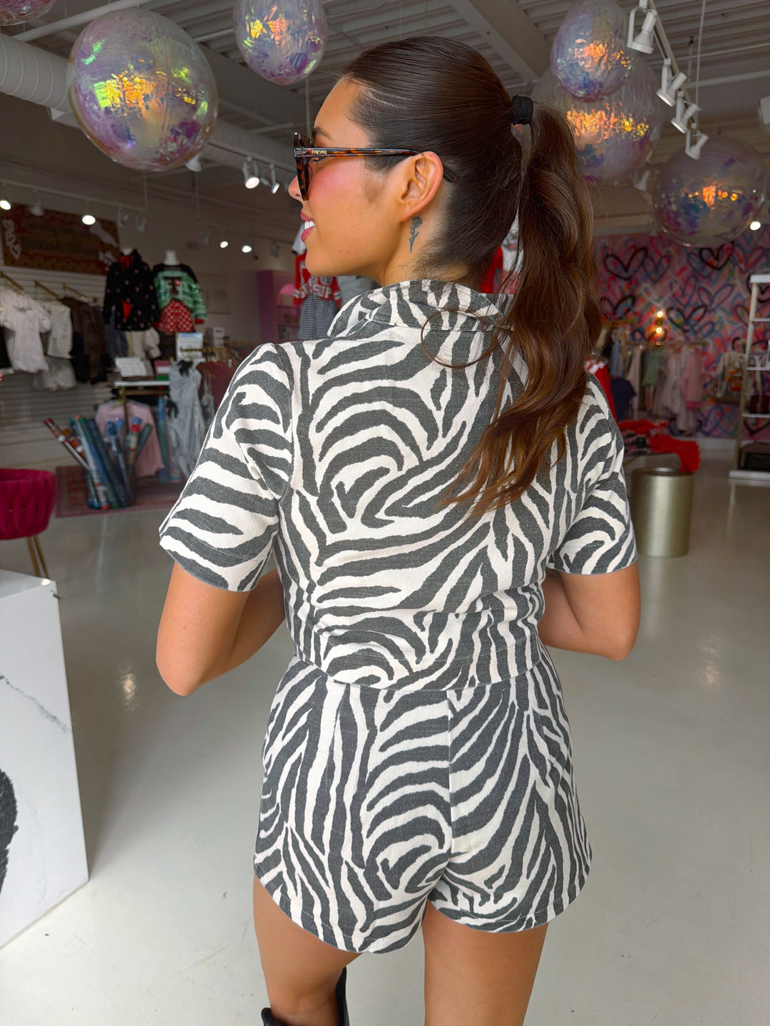Zebra Denim Button Up Top & Shorts Set