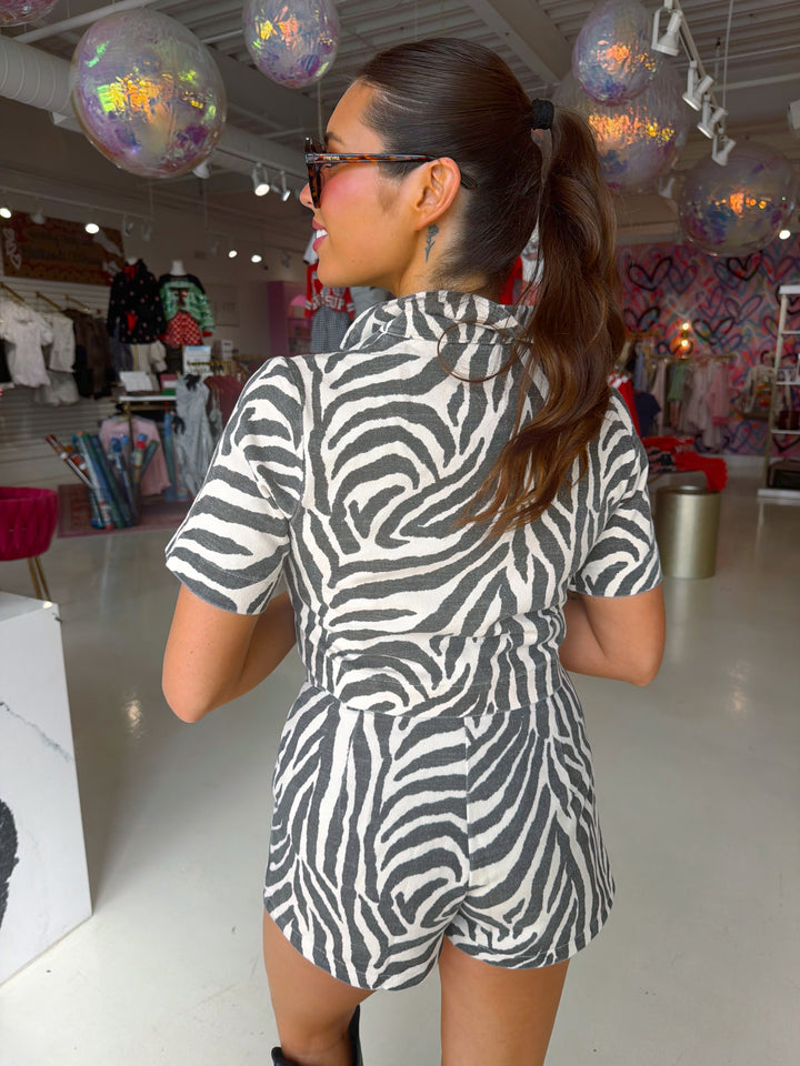 Zebra Denim Button Up Top & Shorts Set