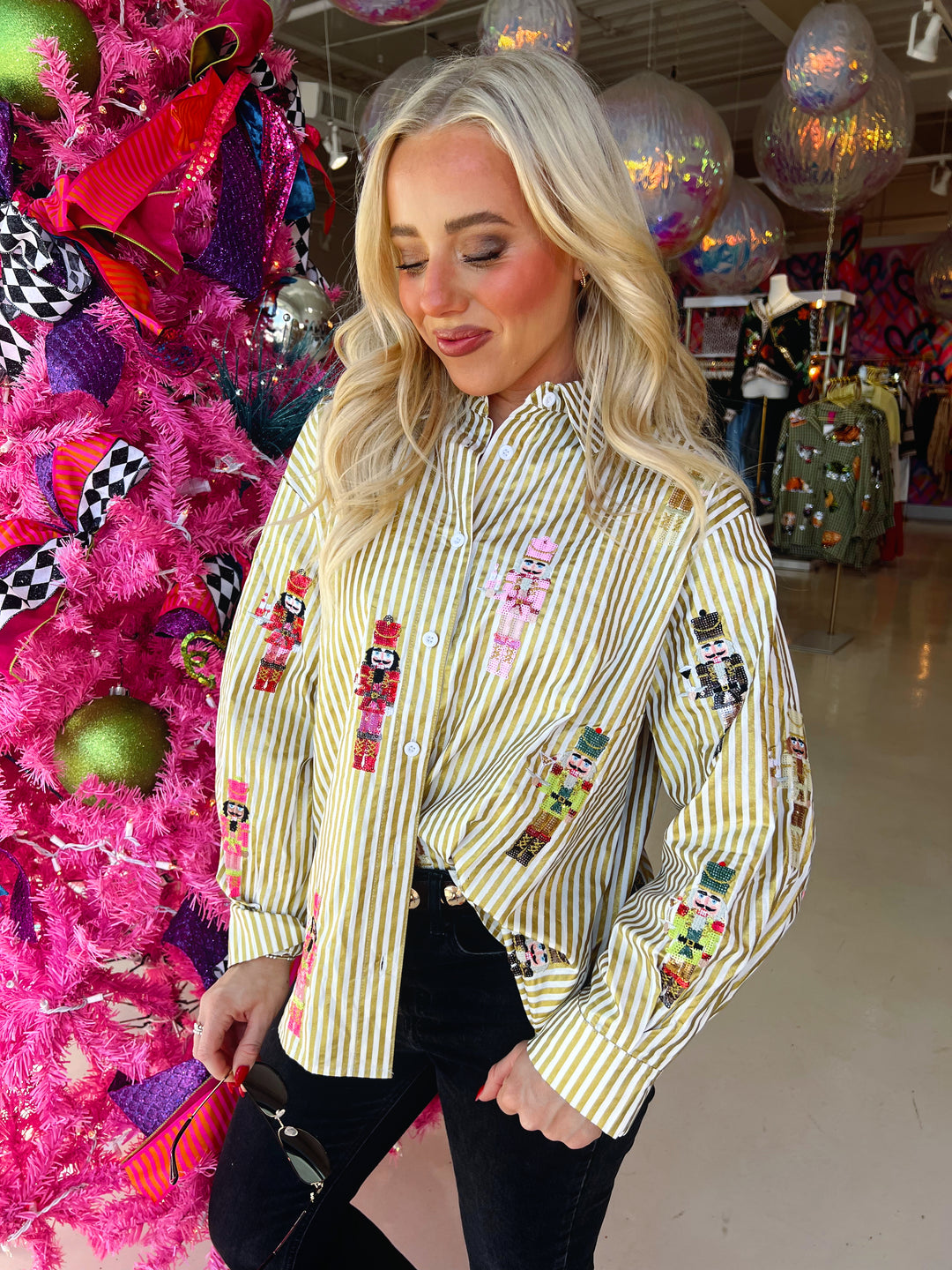 QOS Gold Metallic Stripe Nutcracker Button Up Top