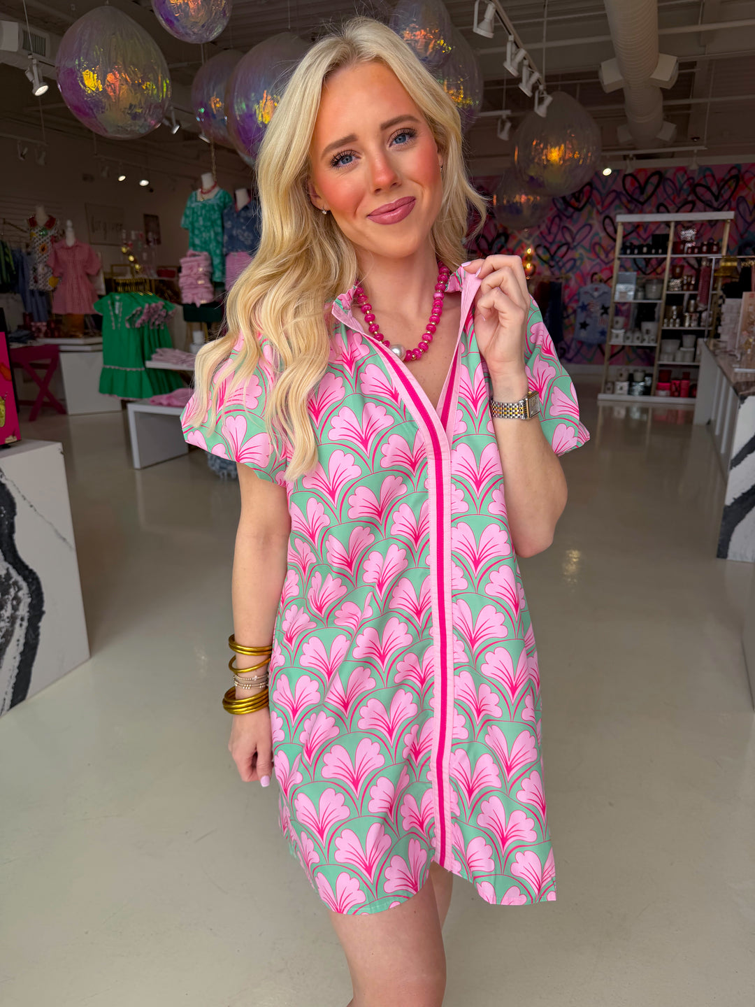 Pink and Green Floral Puff Sleeve Mini Dress