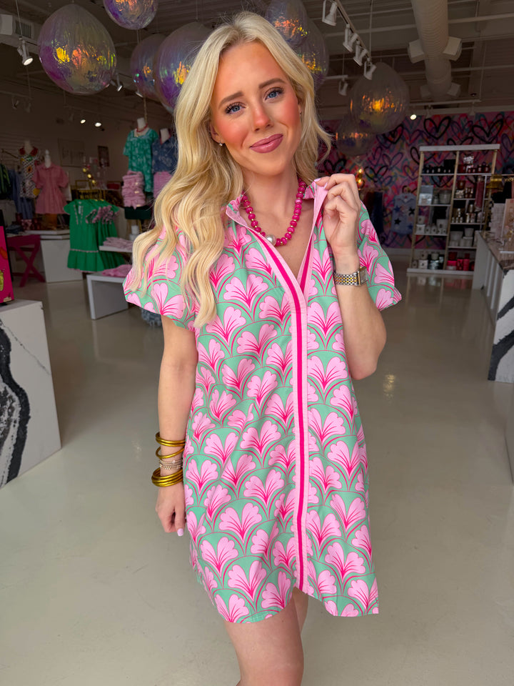 Pink and Green Floral Puff Sleeve Mini Dress