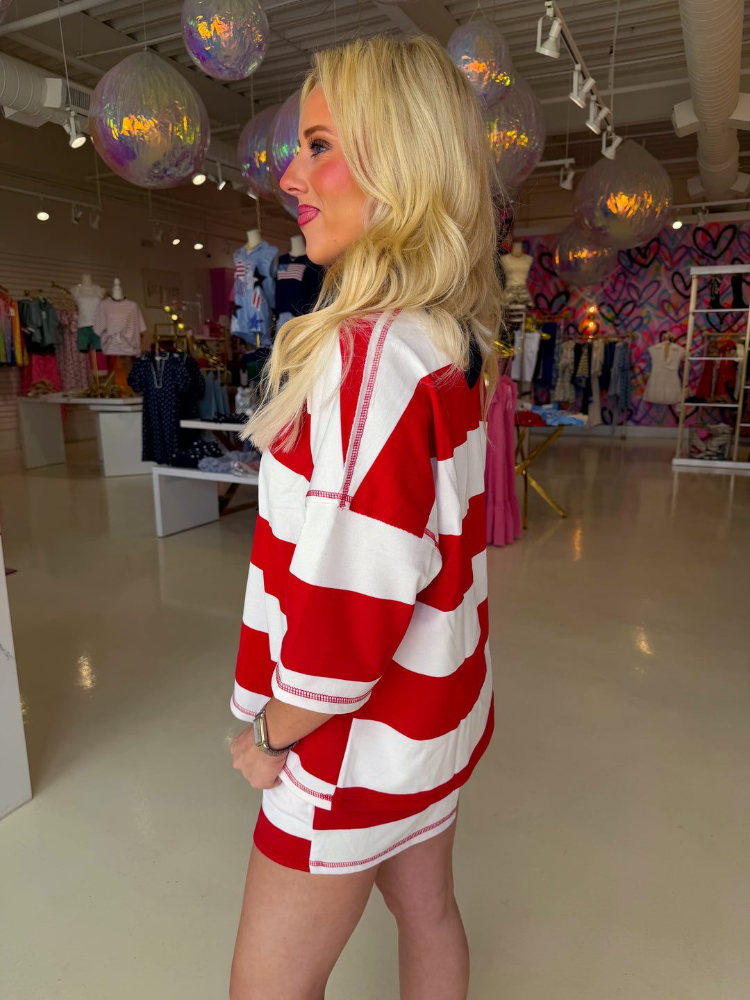 Striped Half Zip Shorts Sleeve Top and  Shorts Set