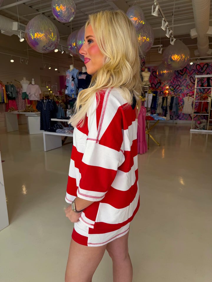 Striped Half Zip Shorts Sleeve Top and  Shorts Set