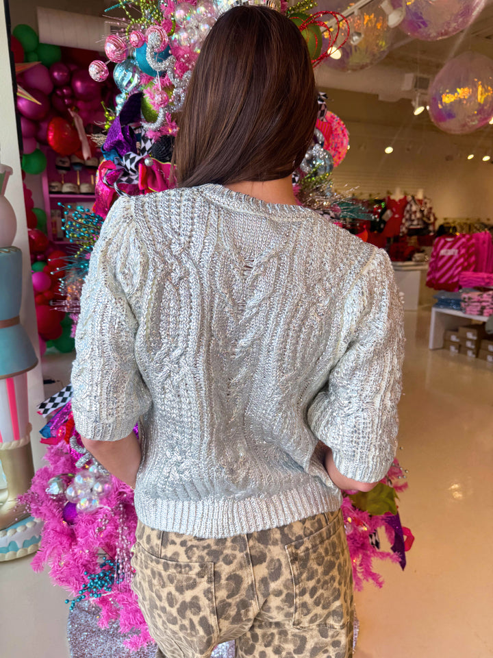Oh So Shiny Silver Cable Knit Sweater