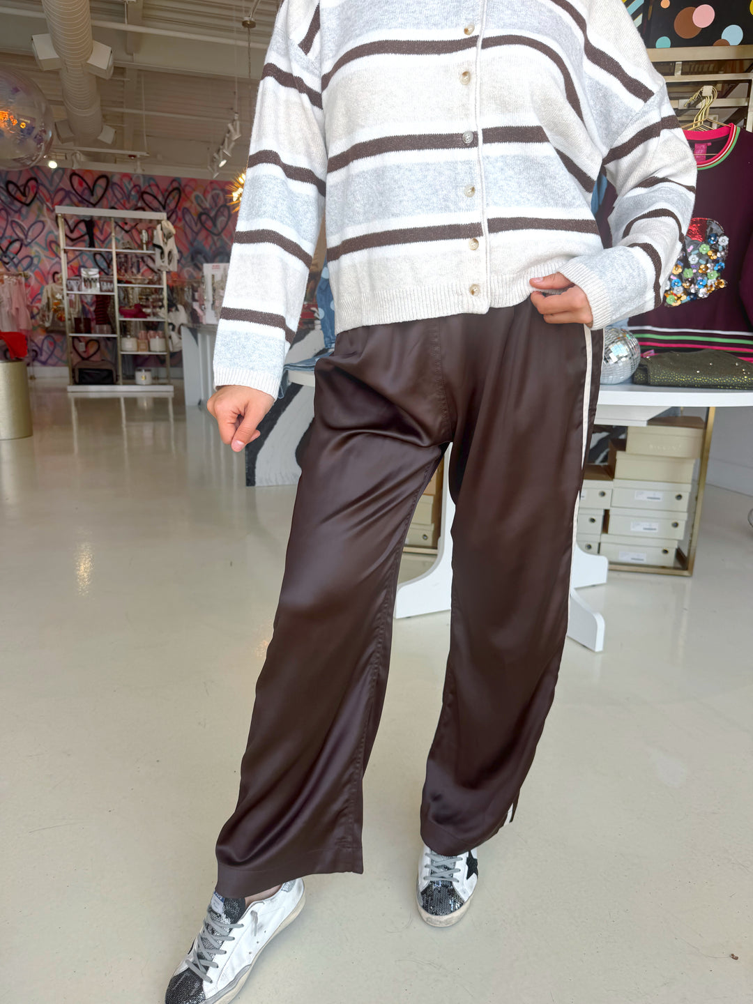 Brown Side Stripe Satin Pants