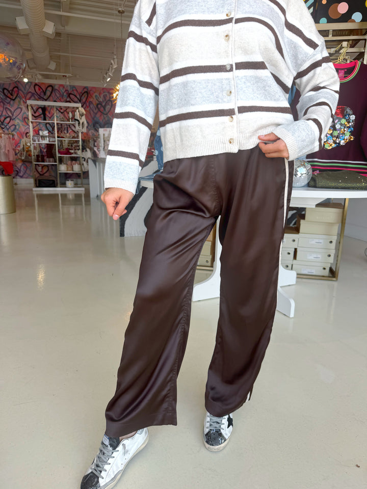 Brown Side Stripe Satin Pants