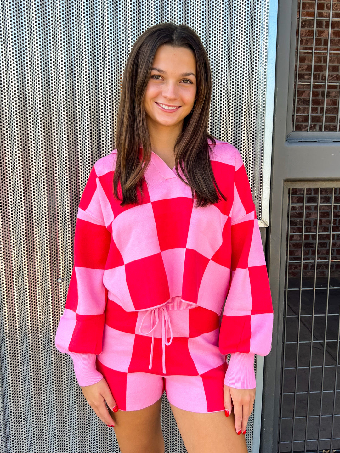 Pink/Magenta Checkered Sweater Pullover