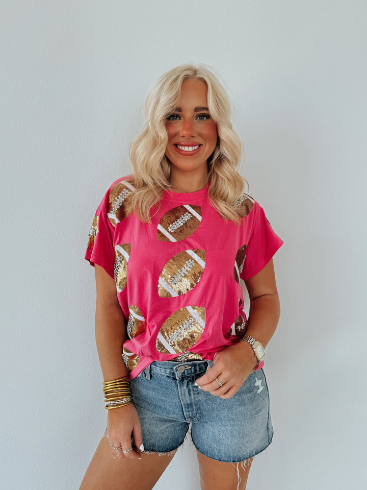 QOS Pink & Gold Rhinestone Lace Football Tee