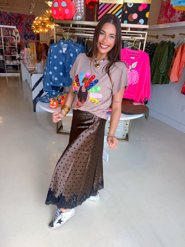 Dark Brown Polkadot Lace Midi Skirt