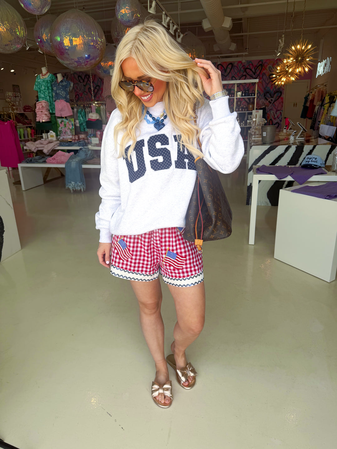 Pearl Grey Navy Blue Polka Dot USA Mockneck Sweatshirt