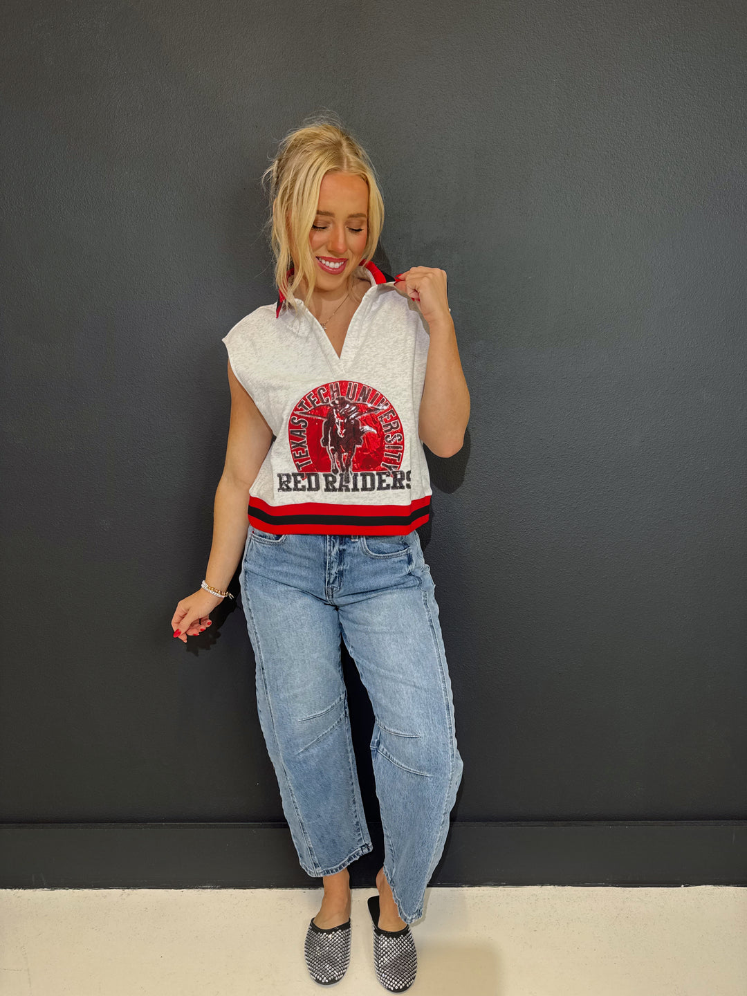 QOS Texas Tech Striped Collar Circular Mascot Tank