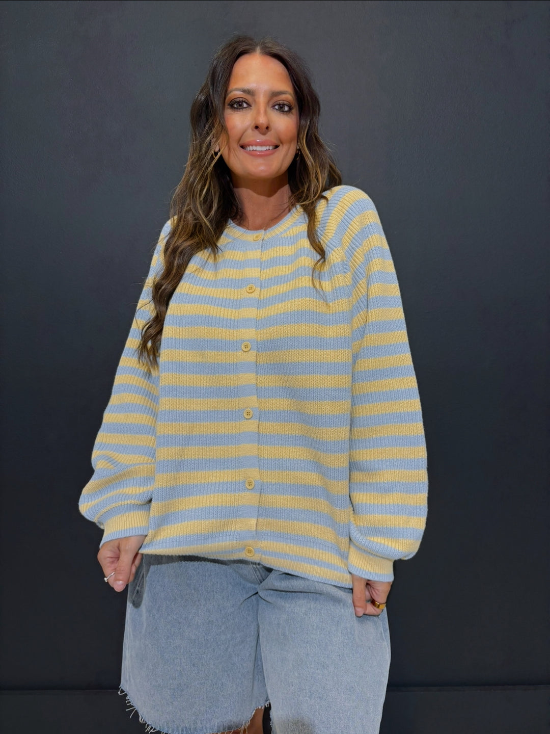 Blue|Butter Stripe Long Sleeve Cardigan