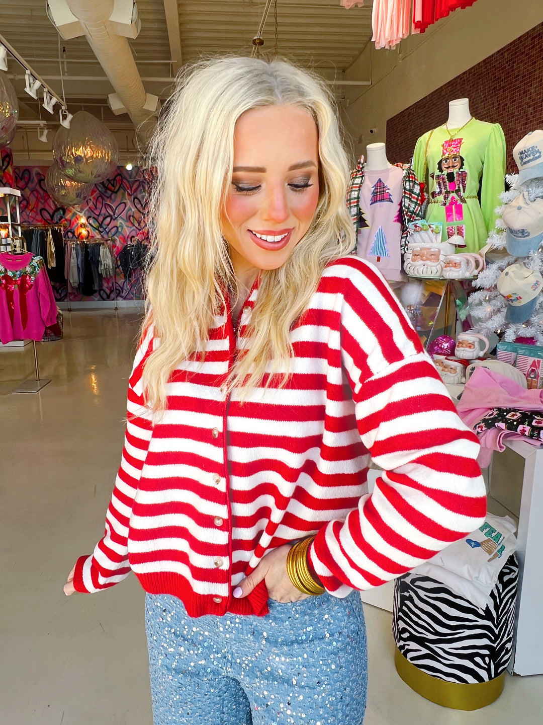 Red and White Striped Button Up