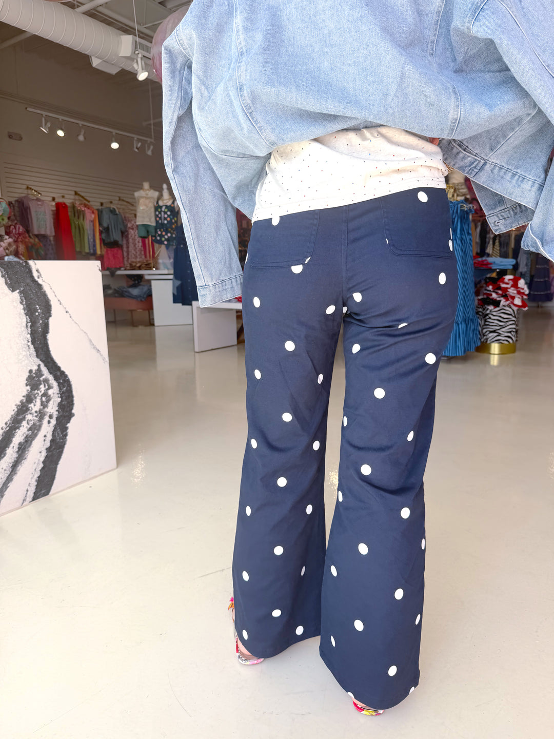 Navy Polkadot Denim Pant