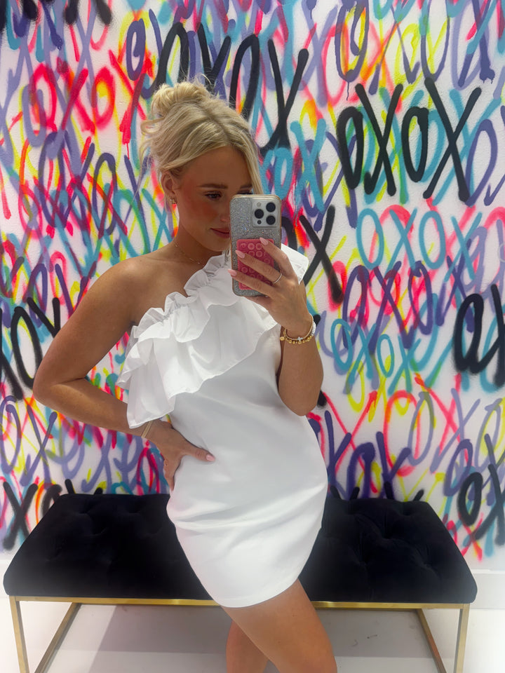 White Ruffle Trimmed One Shoulder Dress