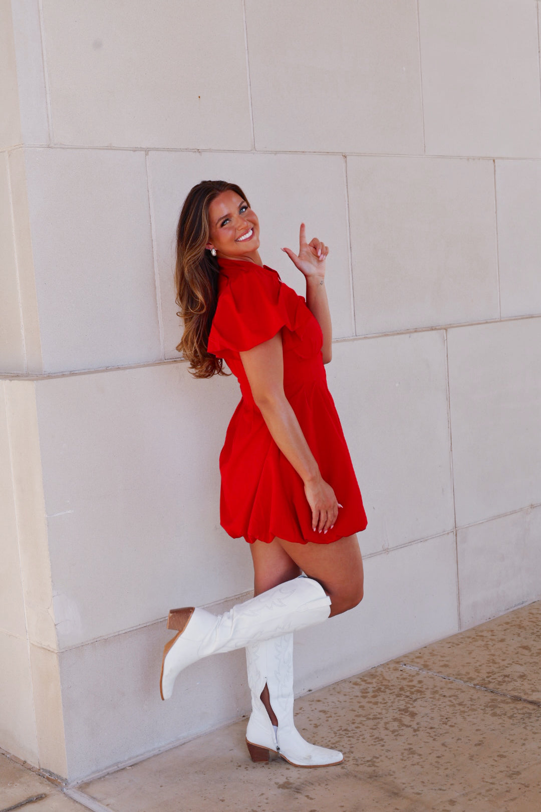 Red Poplin Puff Sleeve Dress