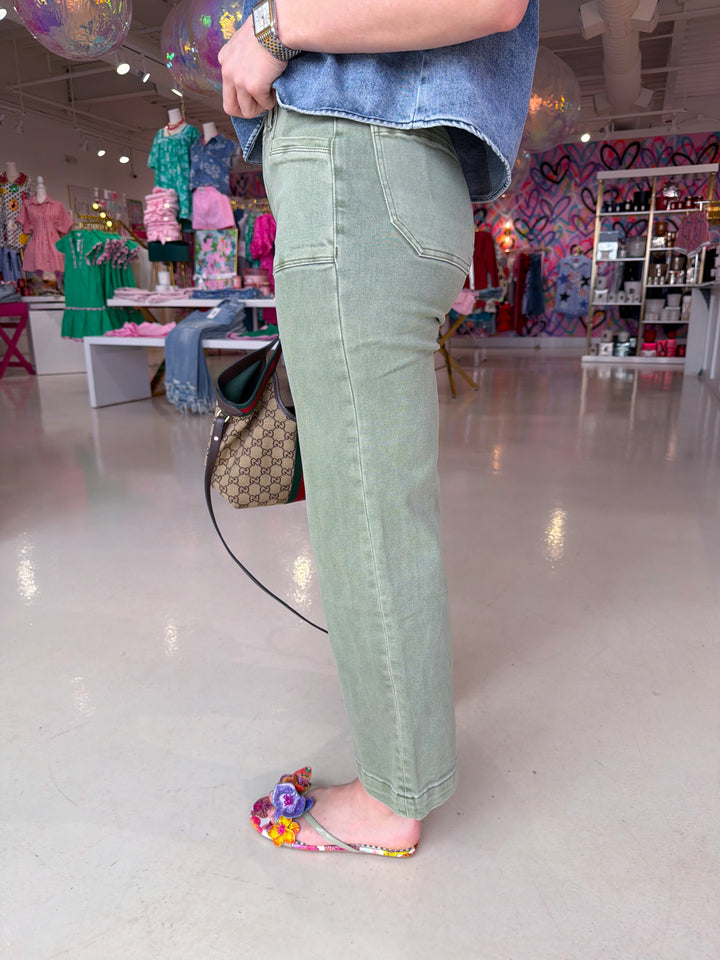 Mica Faded Green High Rise Utility Jeans