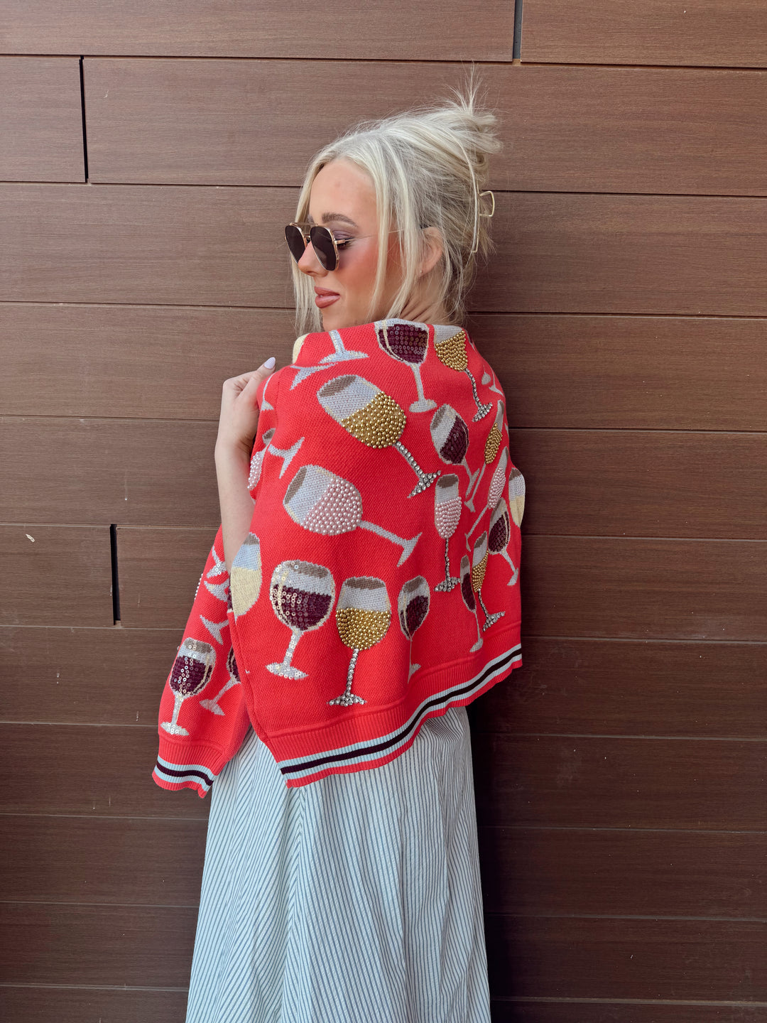 QOS Coral Wine Glass Knit Cardigan