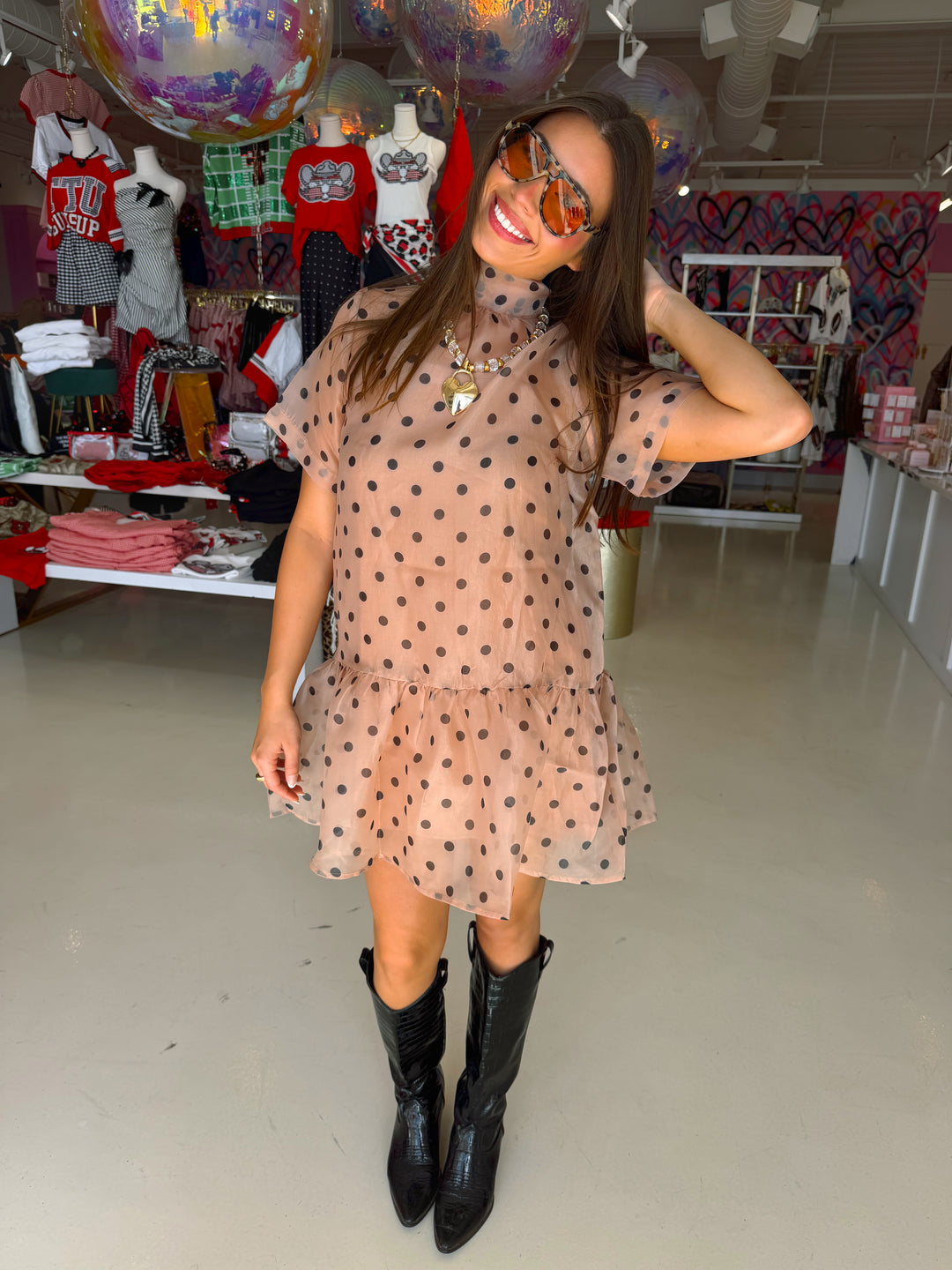 Light Brown & Black Polkadot Sheer Dress