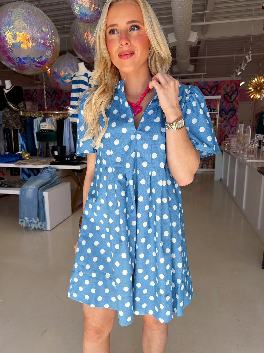 Fun Girl Denim Polka Dot Dress