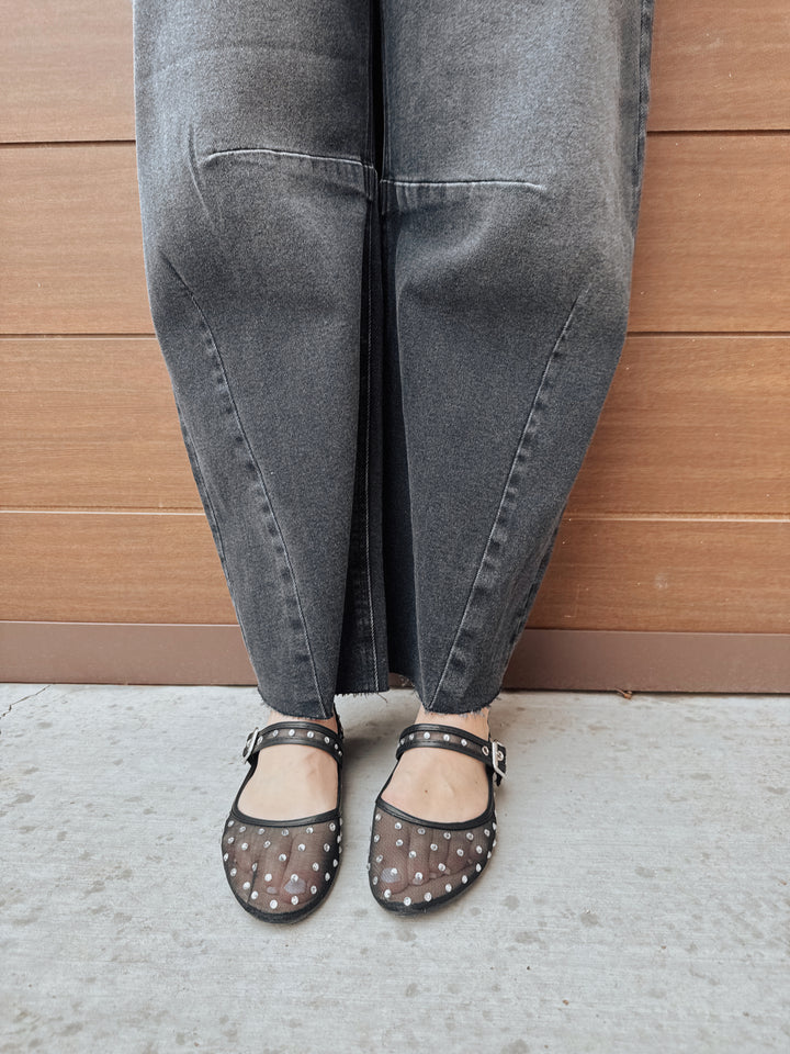 Black Rhinestone Embellished Mesh Mary Jane Flats