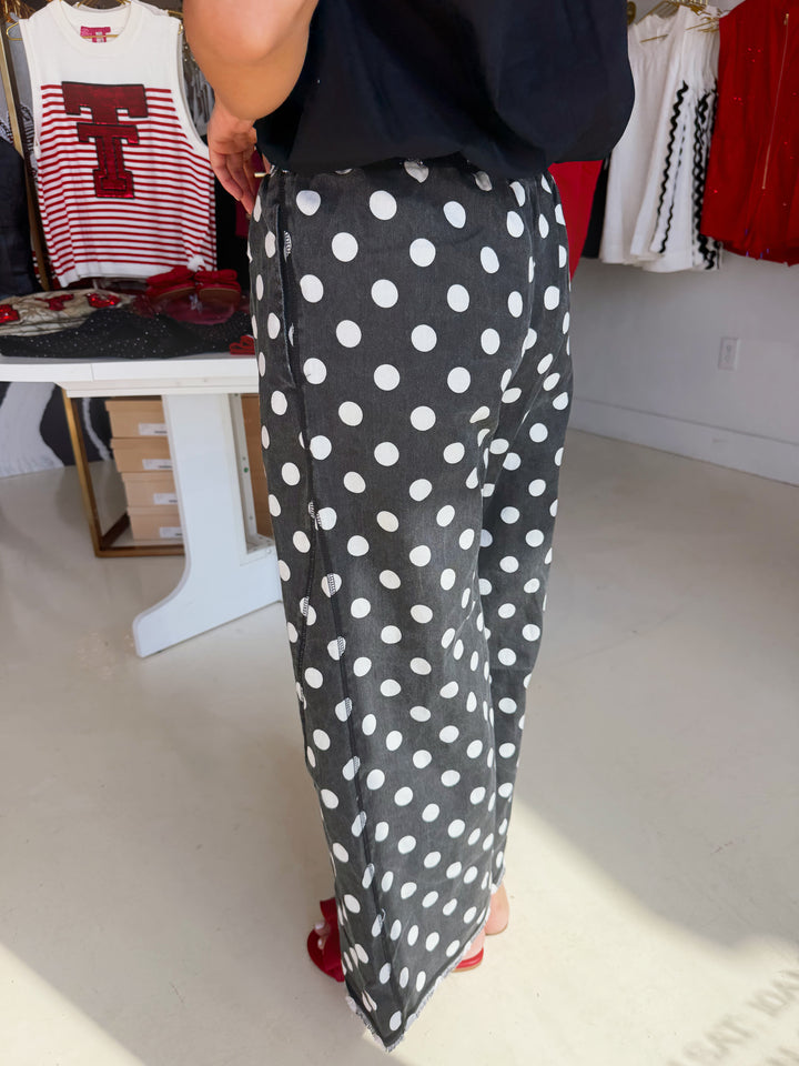 Black Polkadot Raw Hem Wide Leg Pant