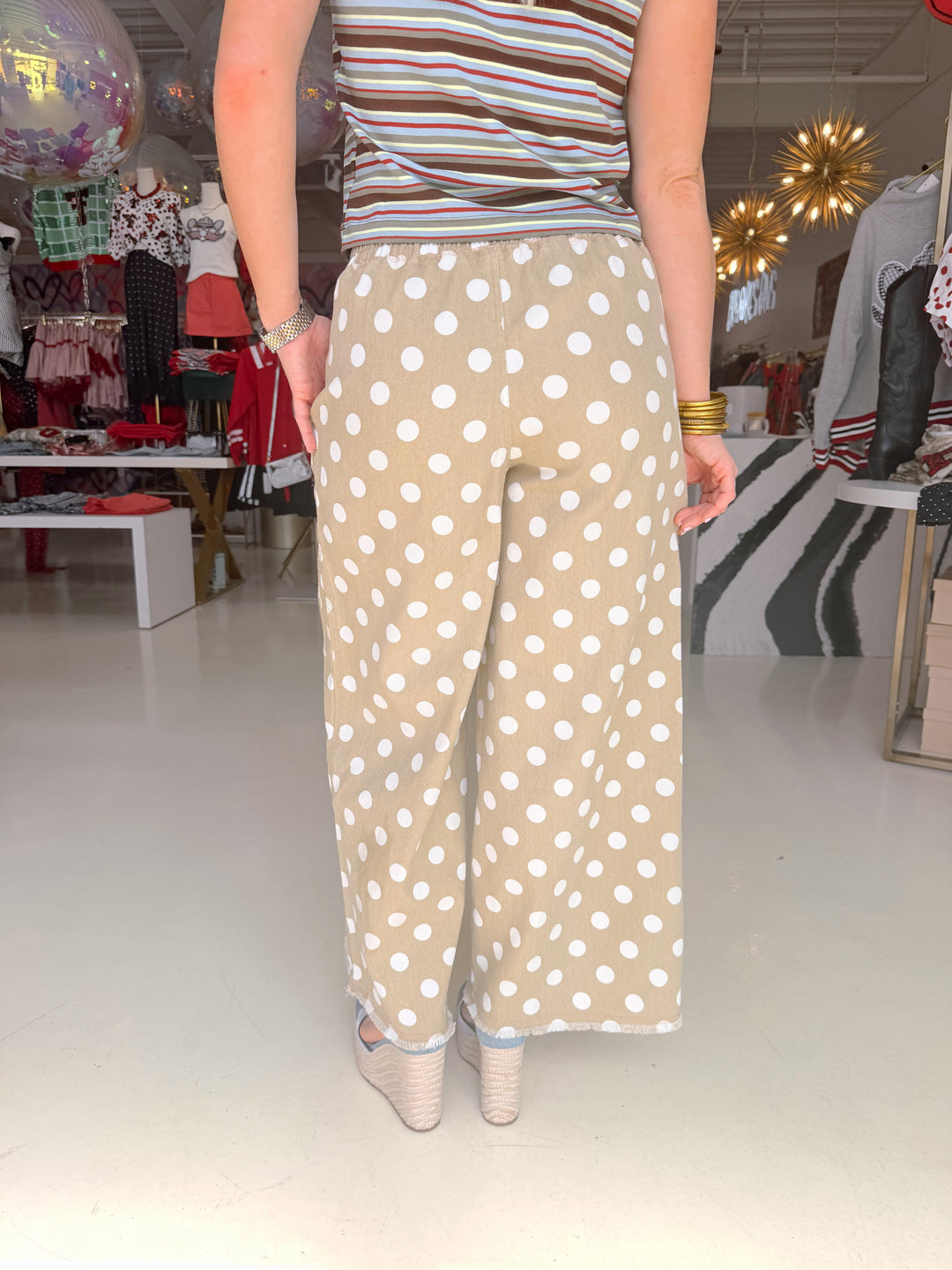 Beige Polka Dot Raw Hem Wide Leg Pant