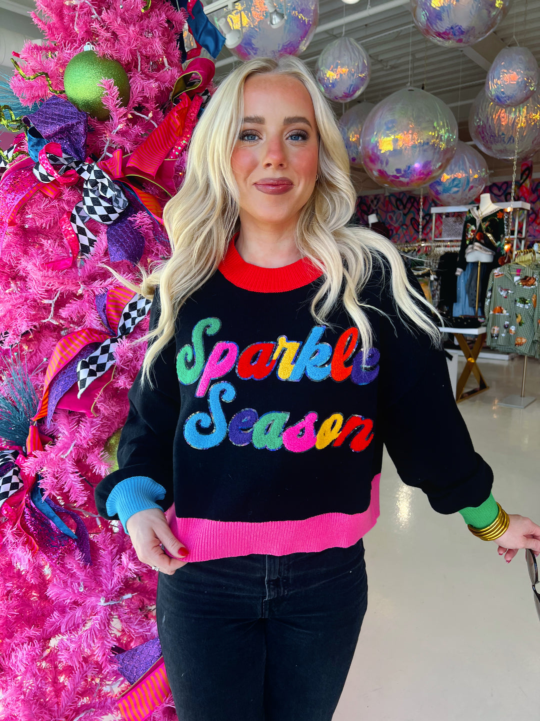 QOS Black Colorblock "Sparkle Season" Sweater