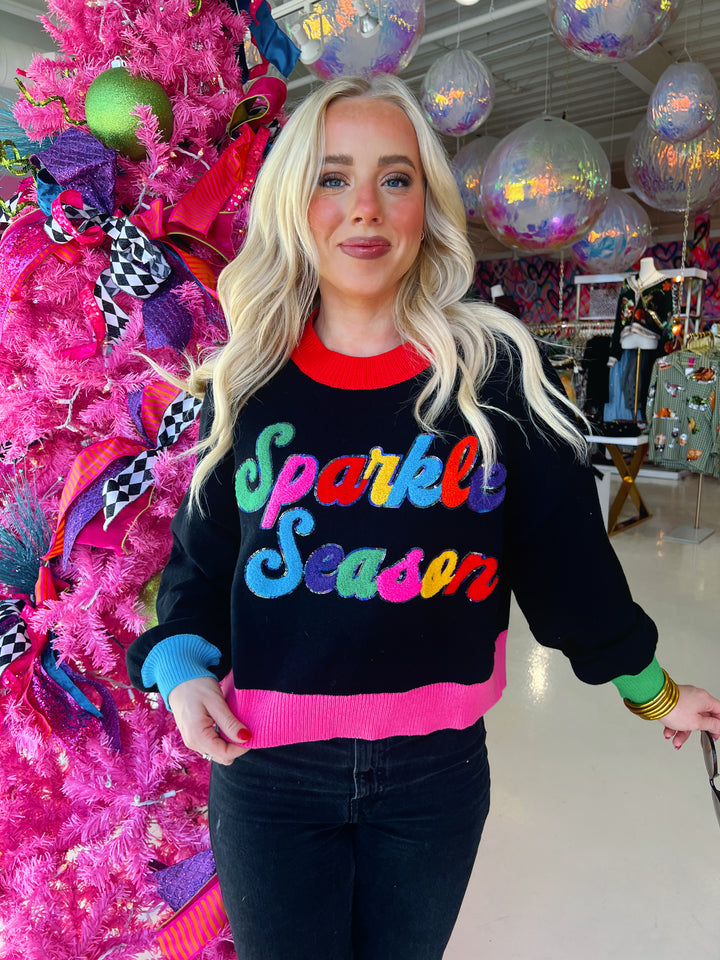 QOS Black Colorblock "Sparkle Season" Sweater