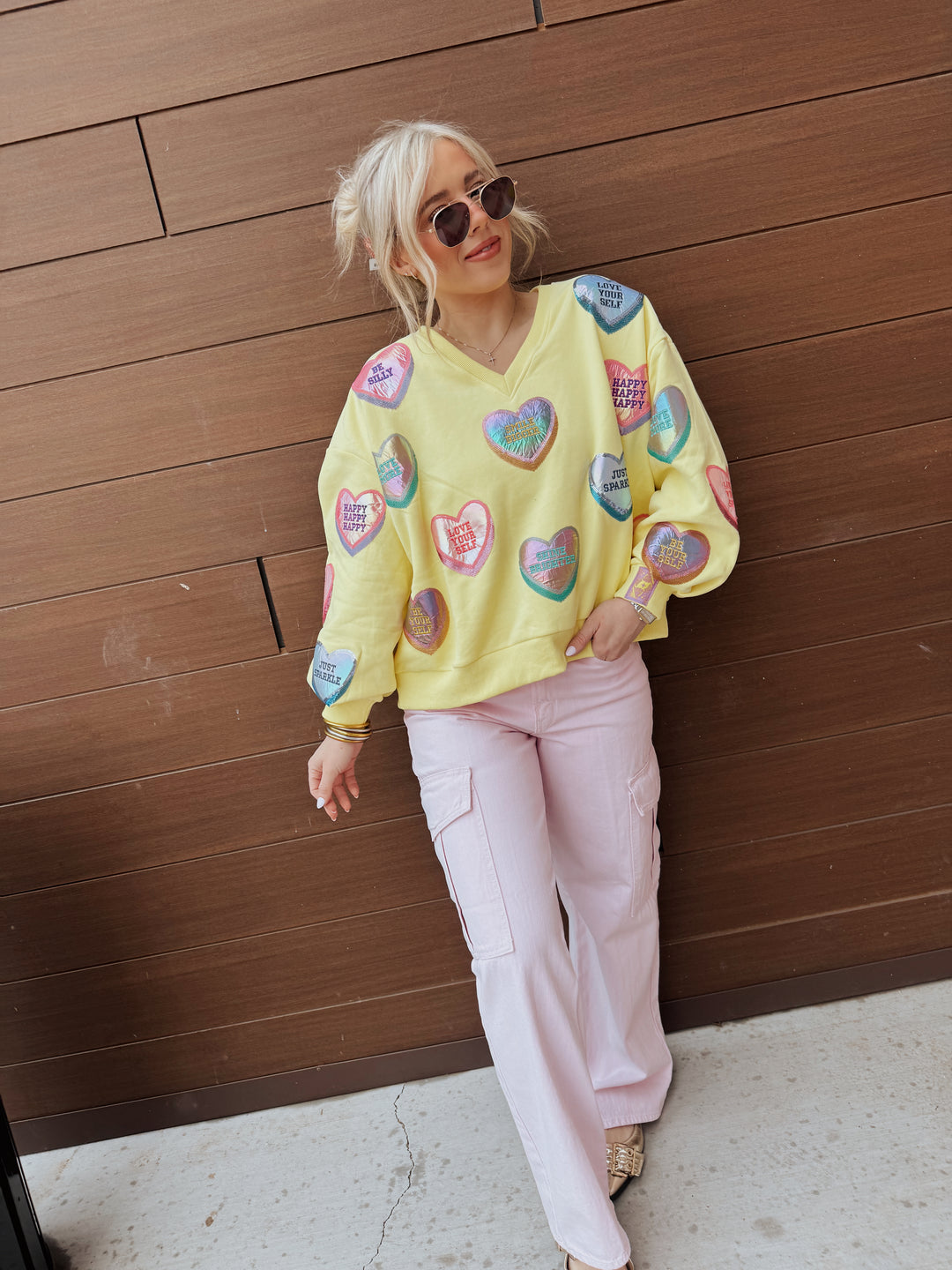 QOS Pale Yellow Positive Candy Hearts V-Neck Sweatshirt