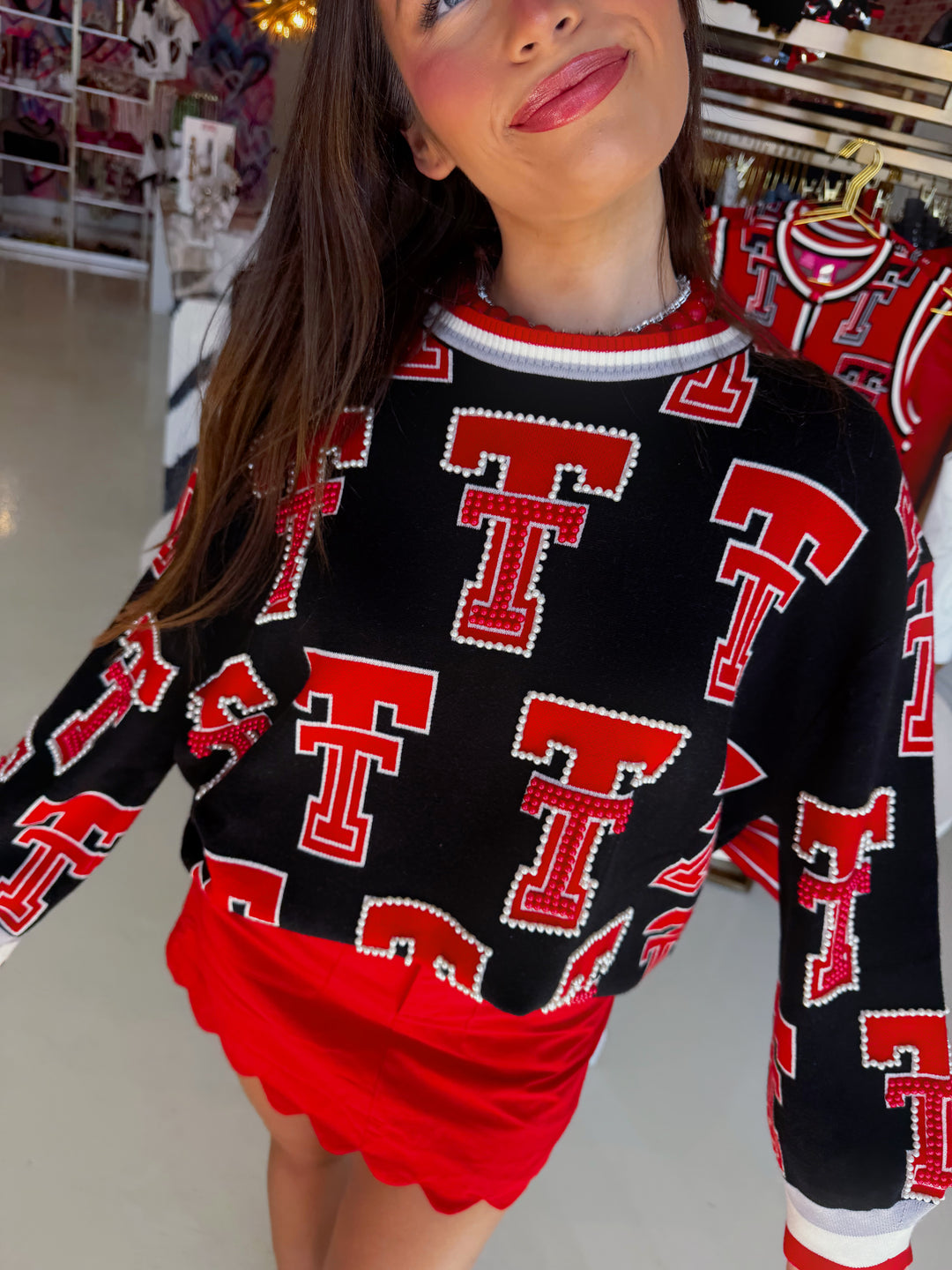 QOS Texas Tech Rhinestone Sport Stripe Sweater