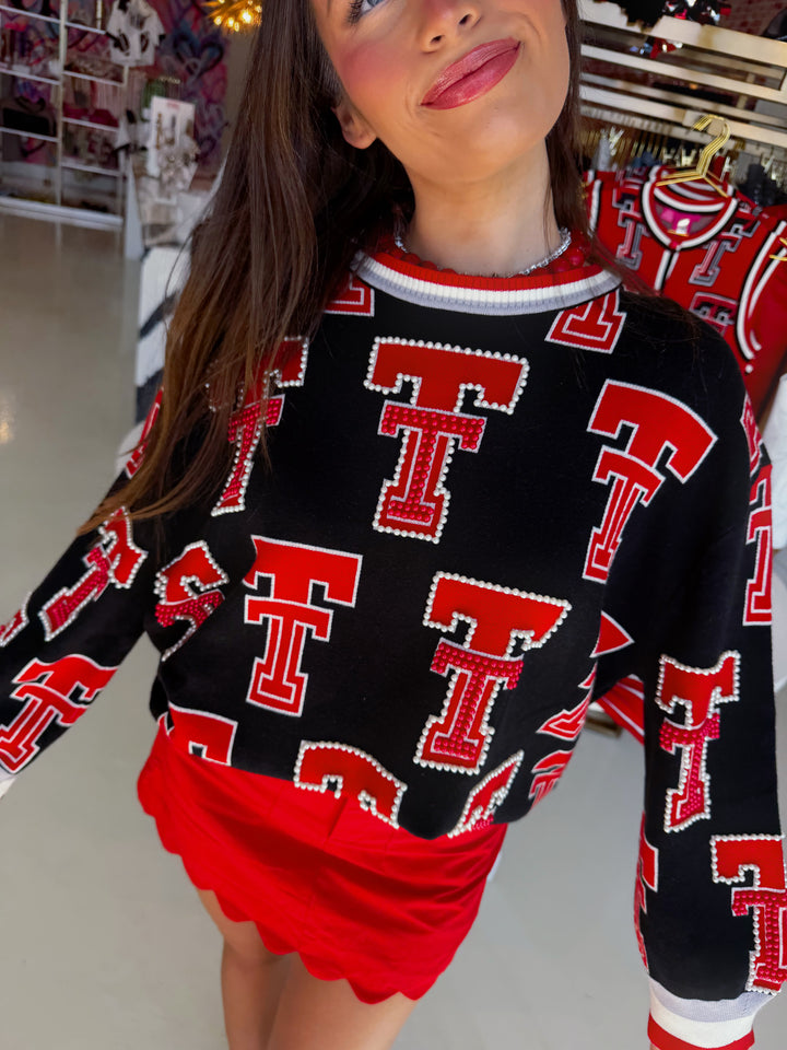 QOS Texas Tech Rhinestone Sport Stripe Sweater