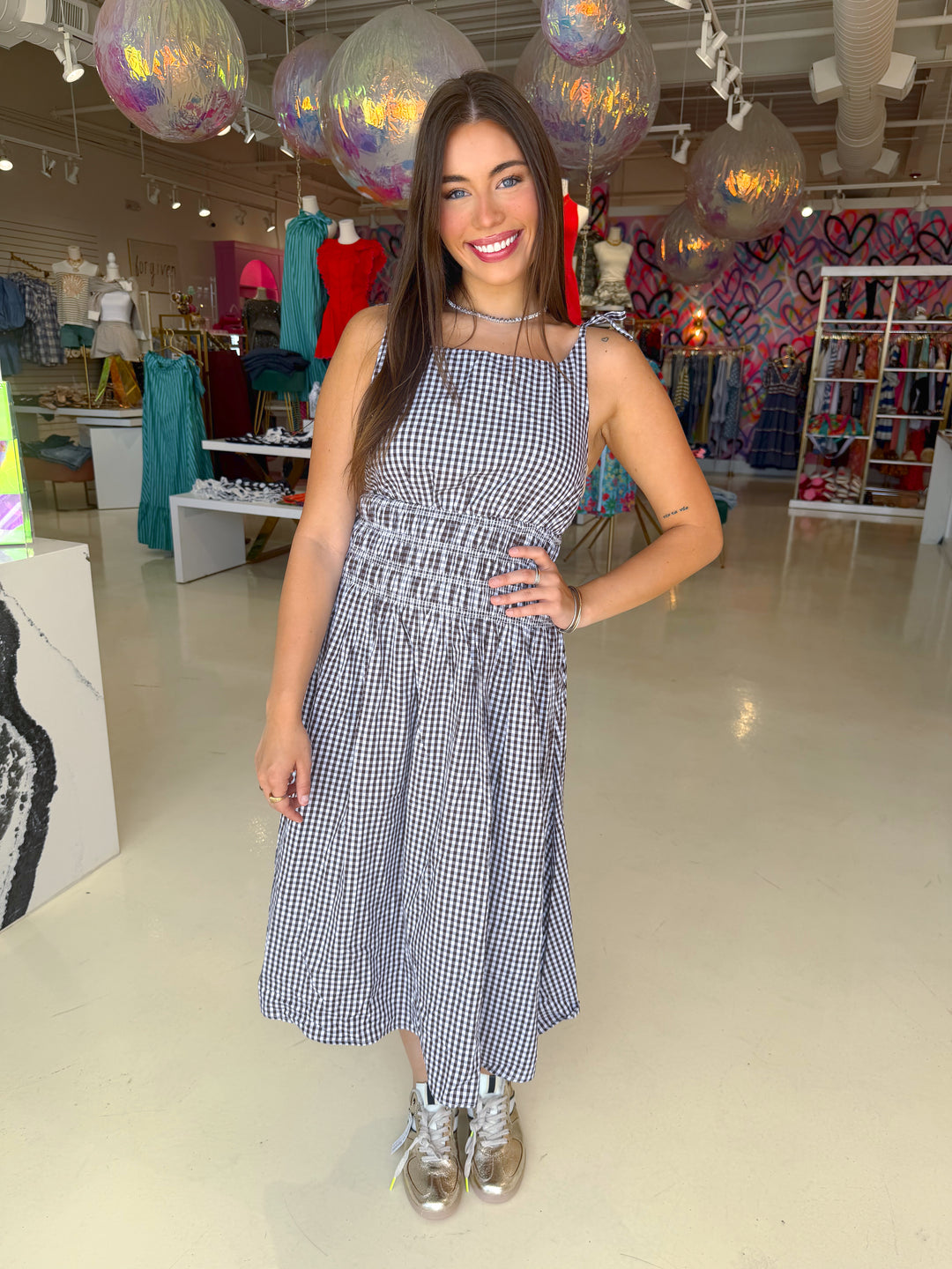 Brown & White Plaid Midi Dress